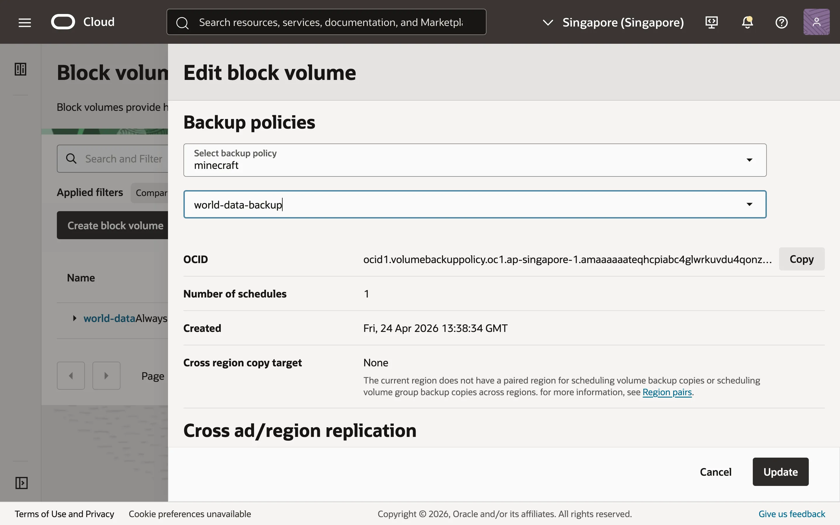 Assigning a backup policy to the block volume.
