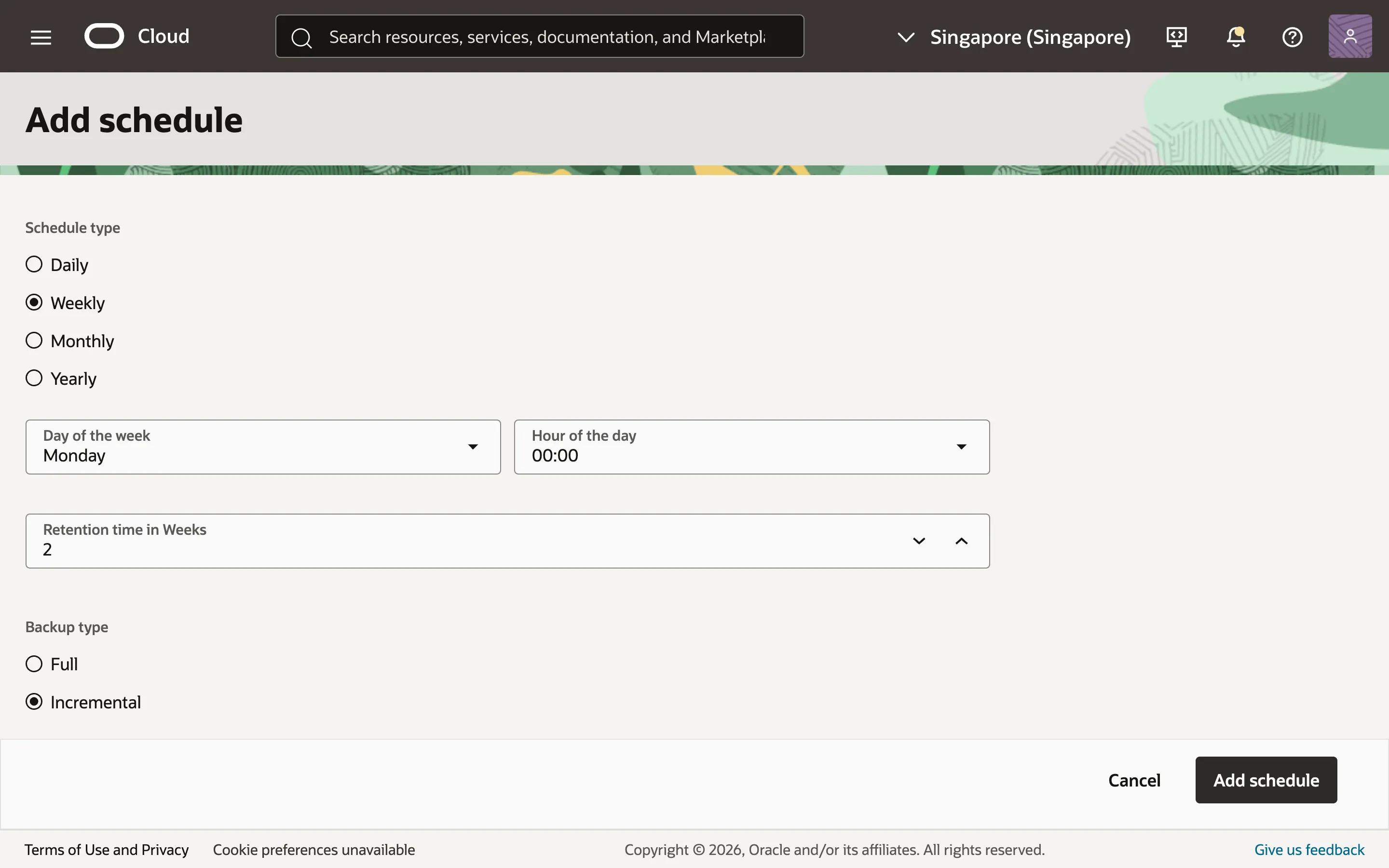 Adding a schedule to the backup policy.