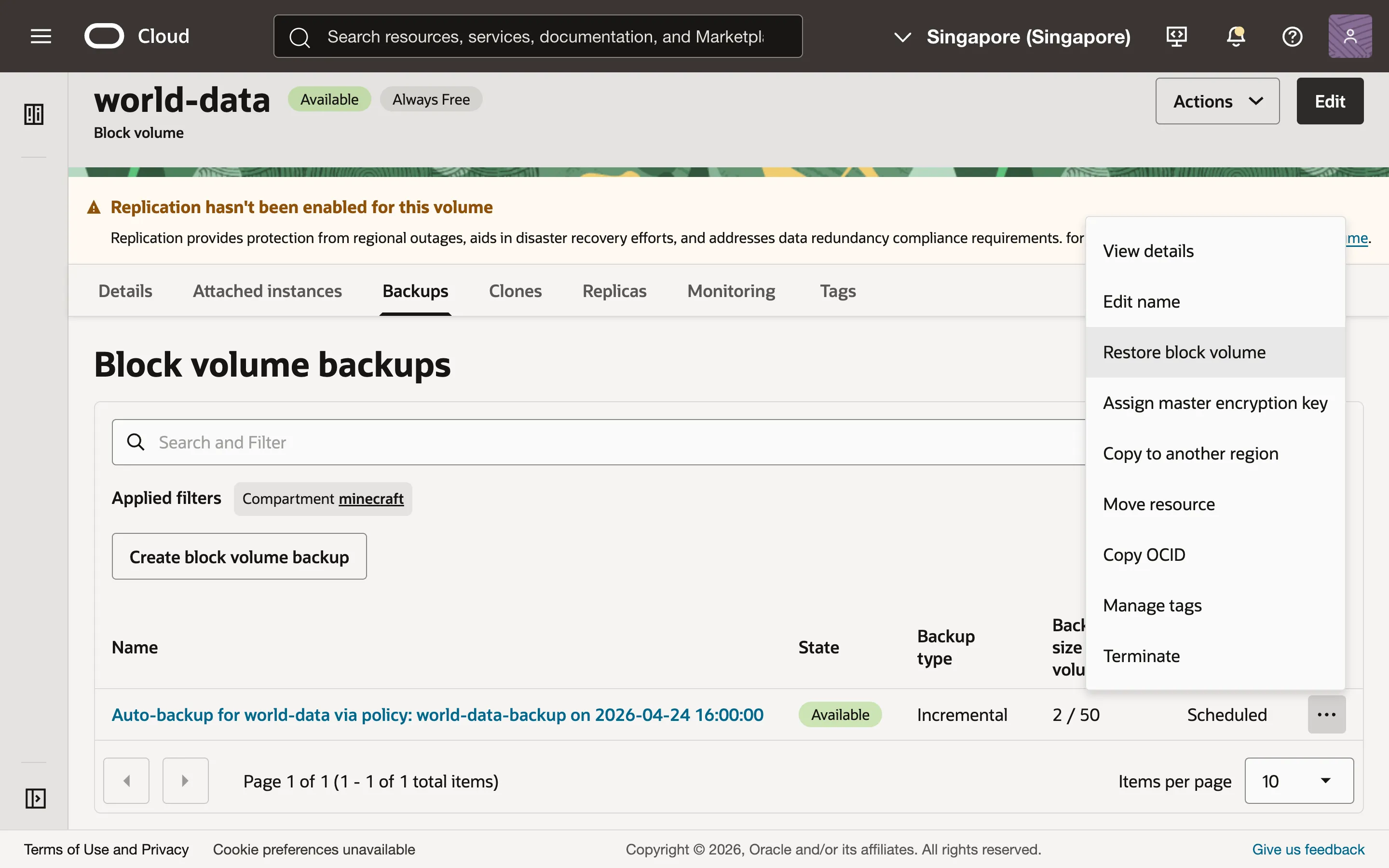 The option to restore a backup block volume.