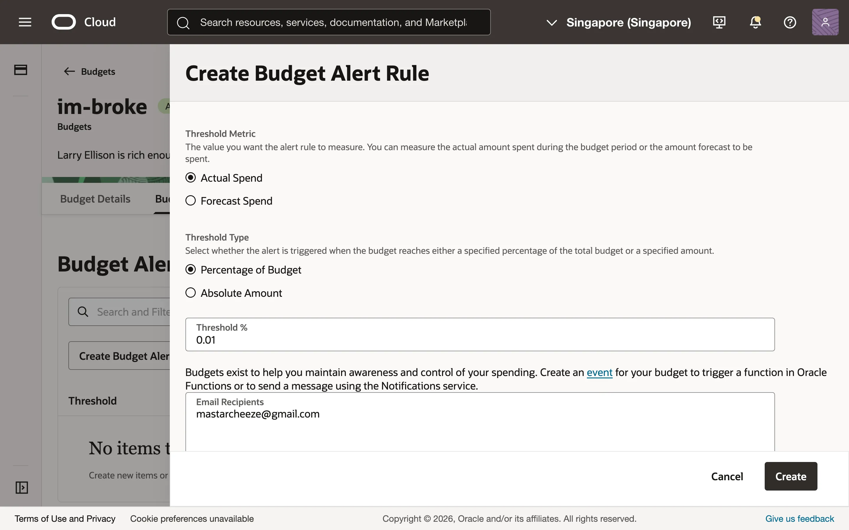 Adding an alert rule to the budget.