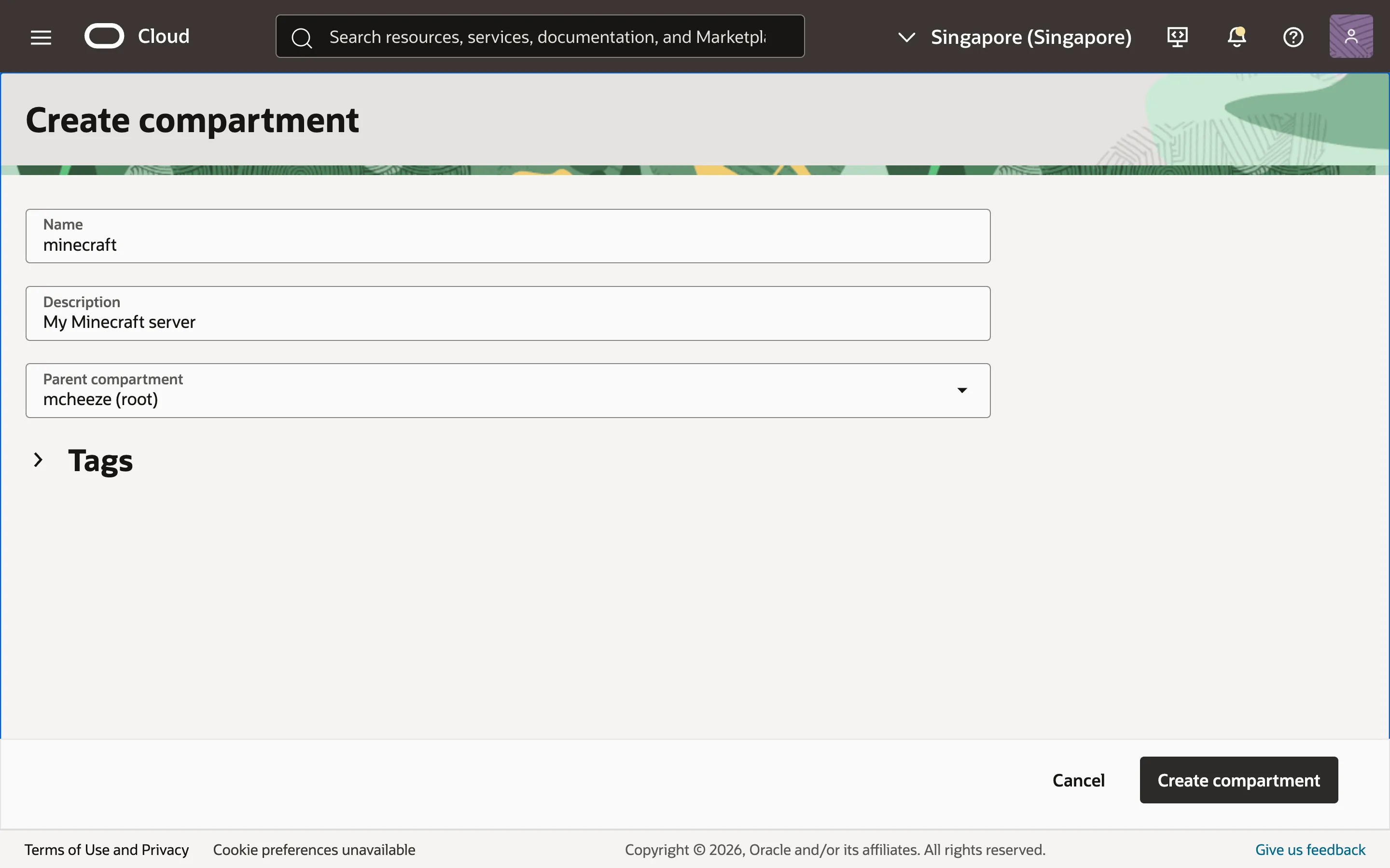 Creating a compartment.