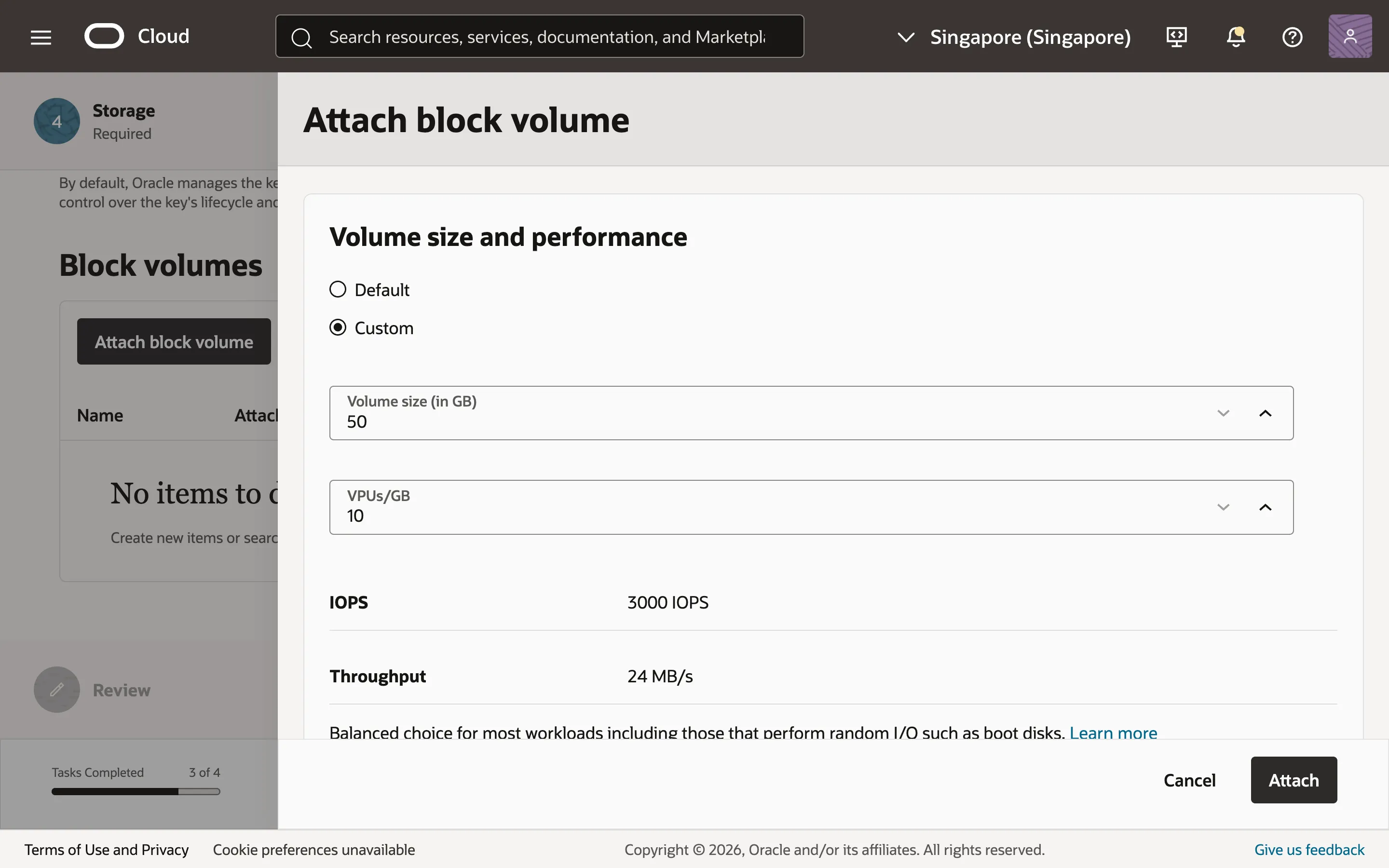 Setting the volume size for the block volume.