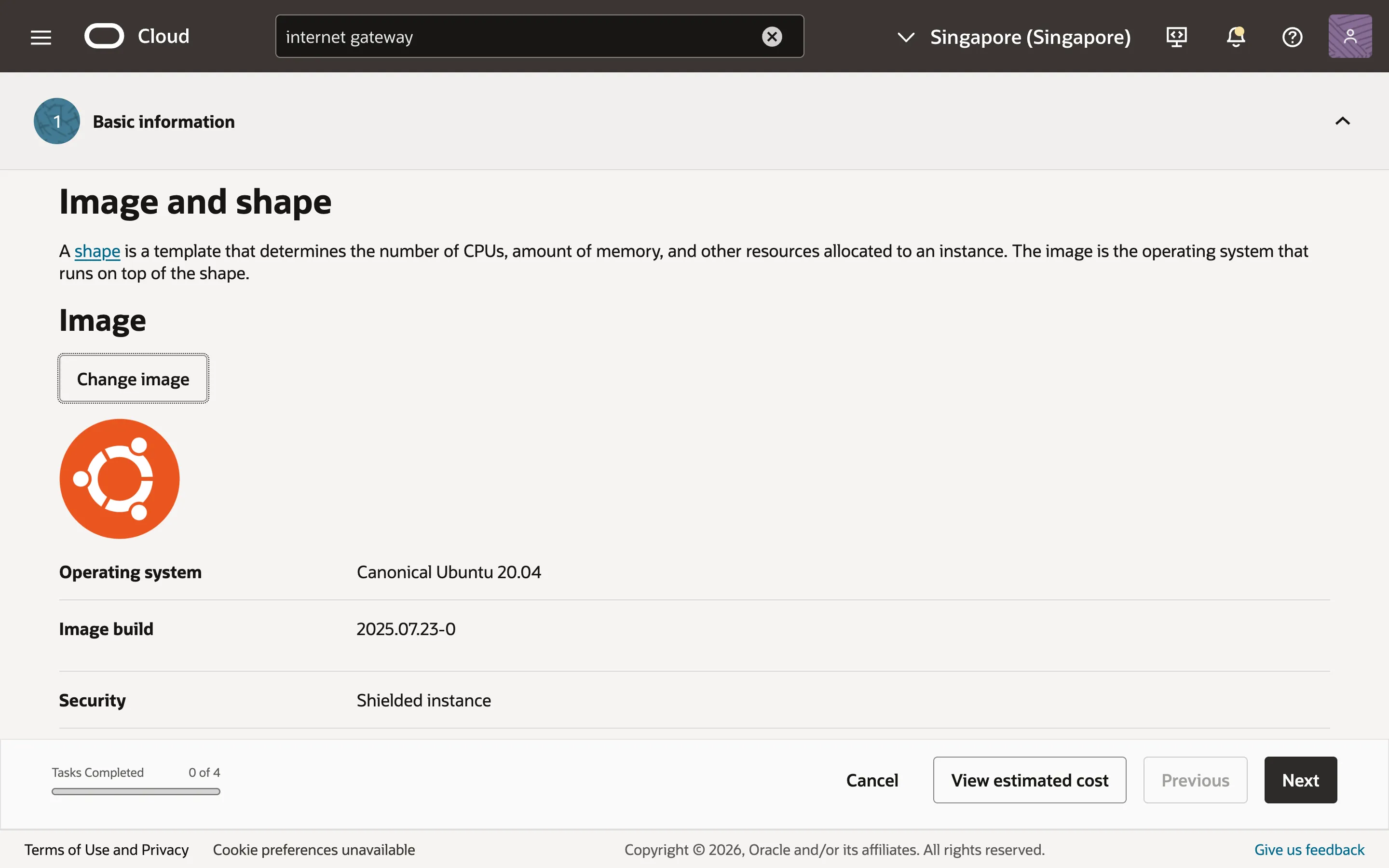 Selecting an image for the Compute Instance.