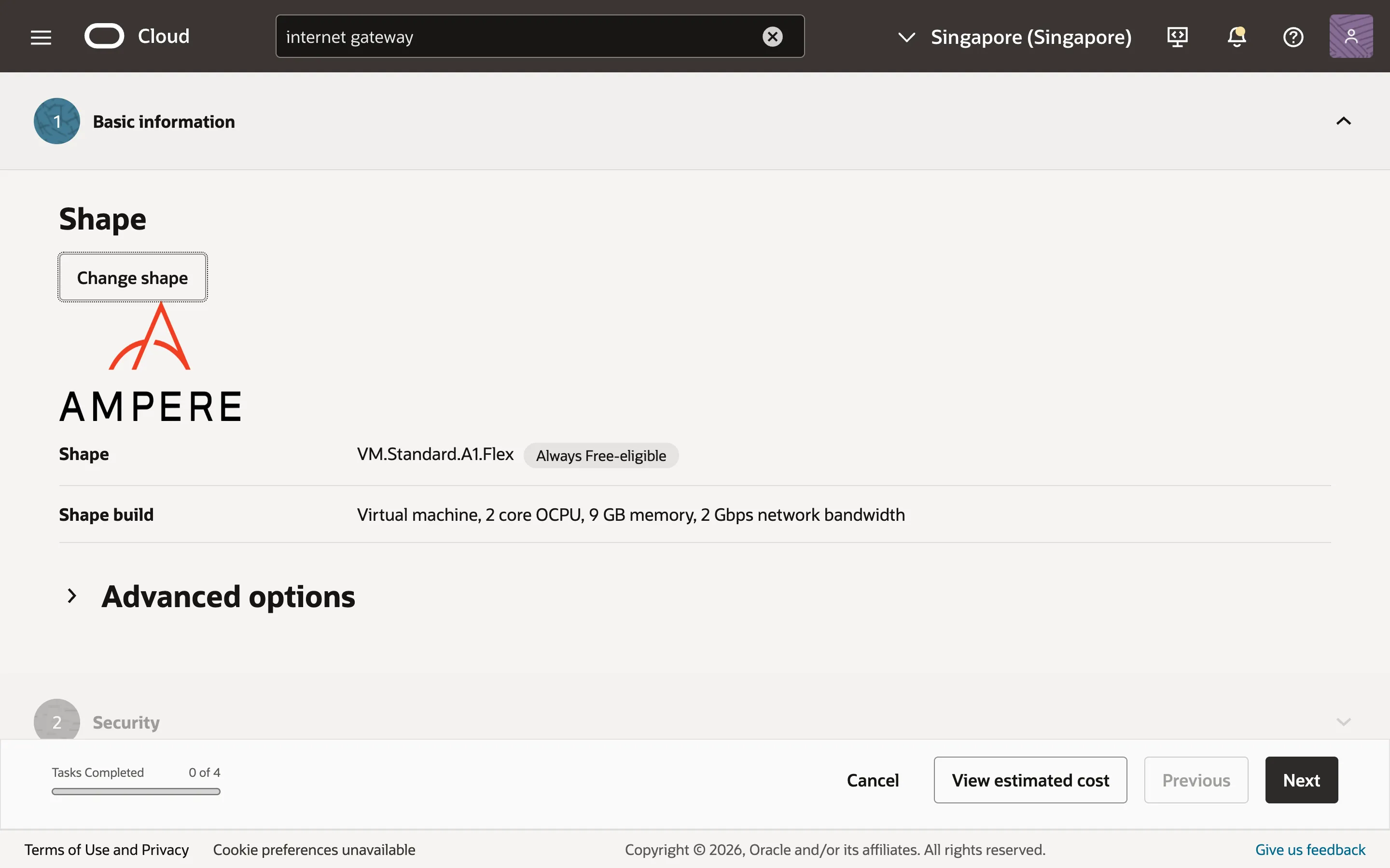 Selecting a shape for the Compute Instance.