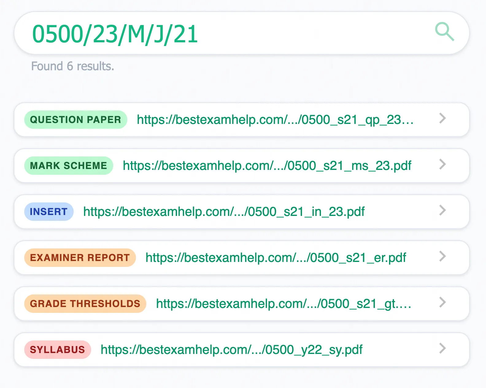 Screenshot of PYP Finder's interface showing a search for CAIE past papers.