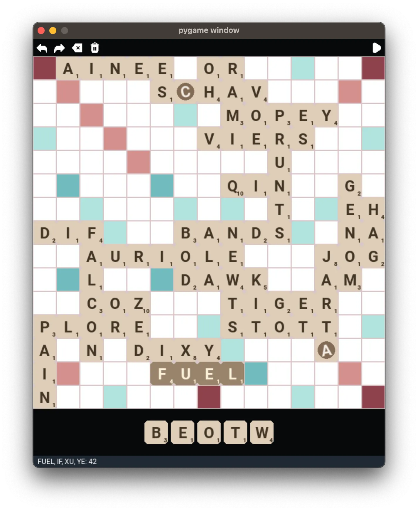 A Scrabble board displaying the state of an active, ongoing match.