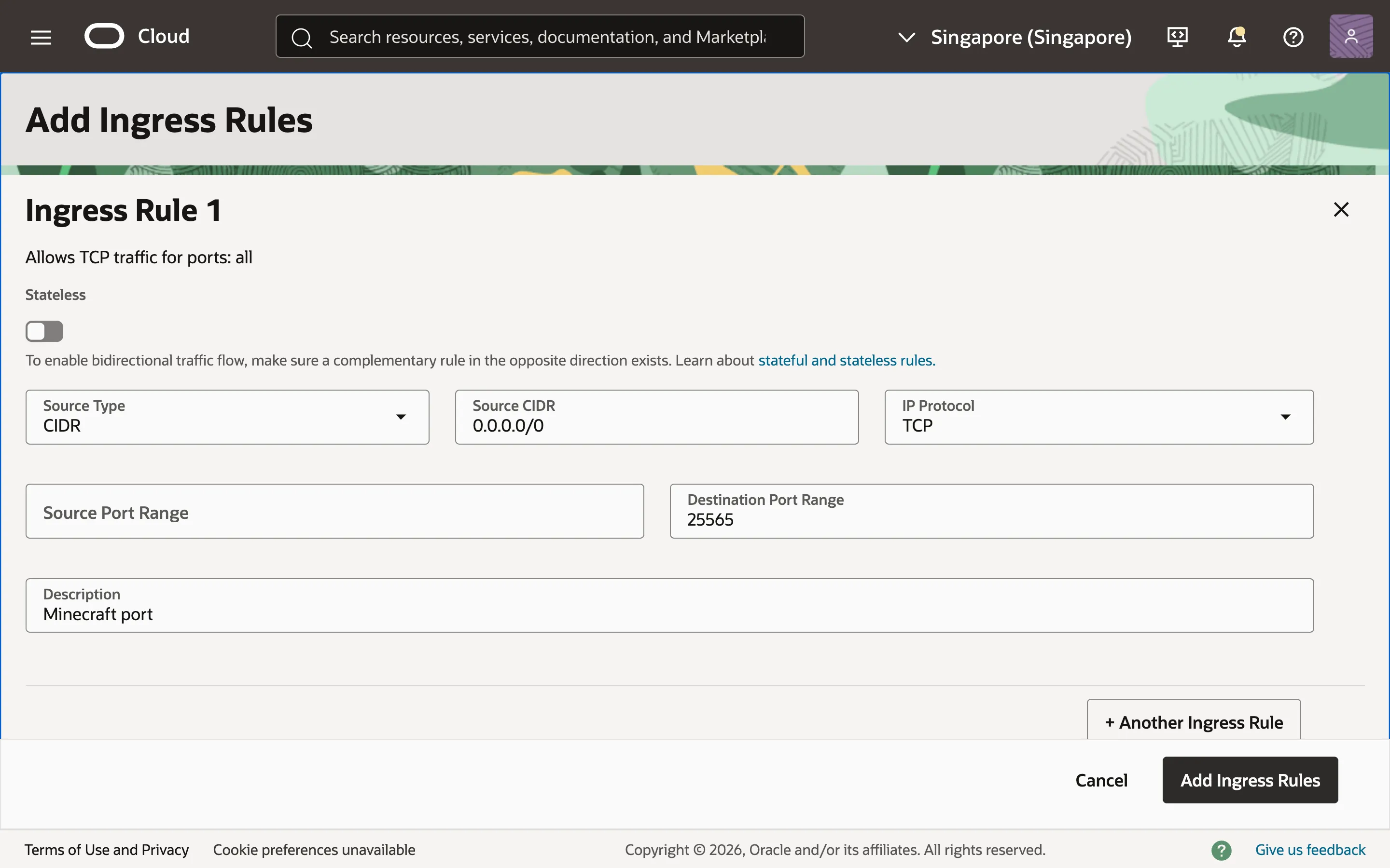 Adding an ingress rule to the VCN to enable traffic to reach port 25565.