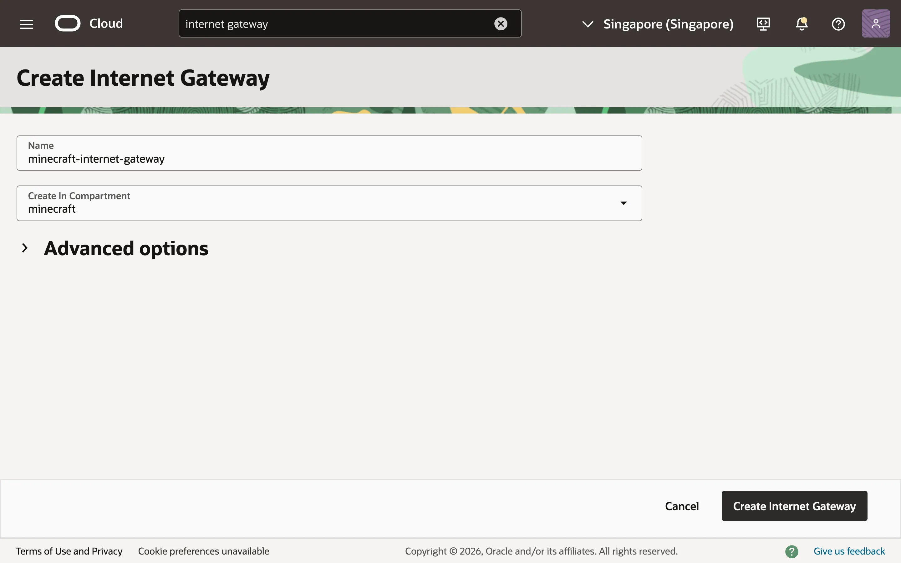 Creating an internet gateway for the VCN.