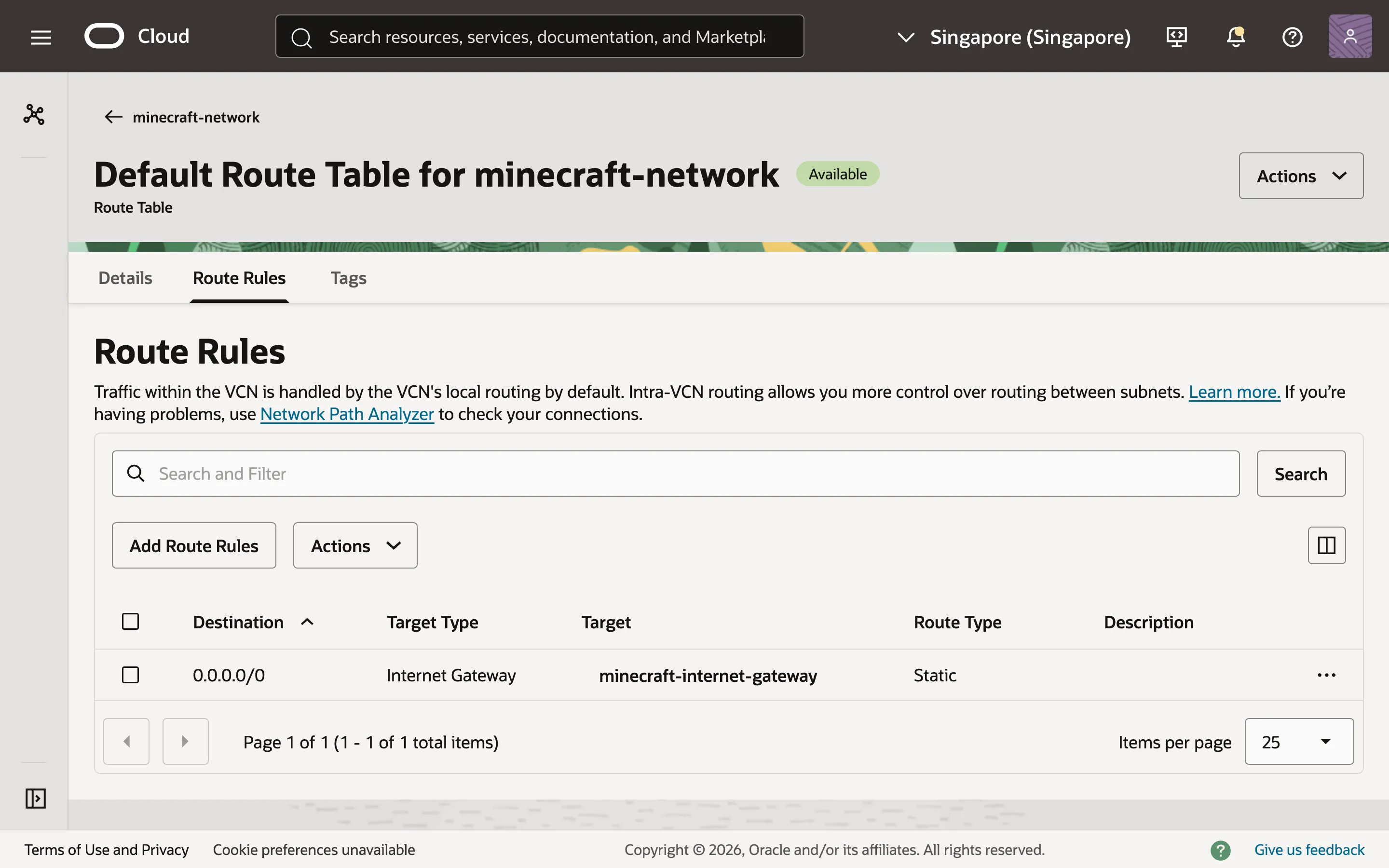 Adding a route rule to the VCN.