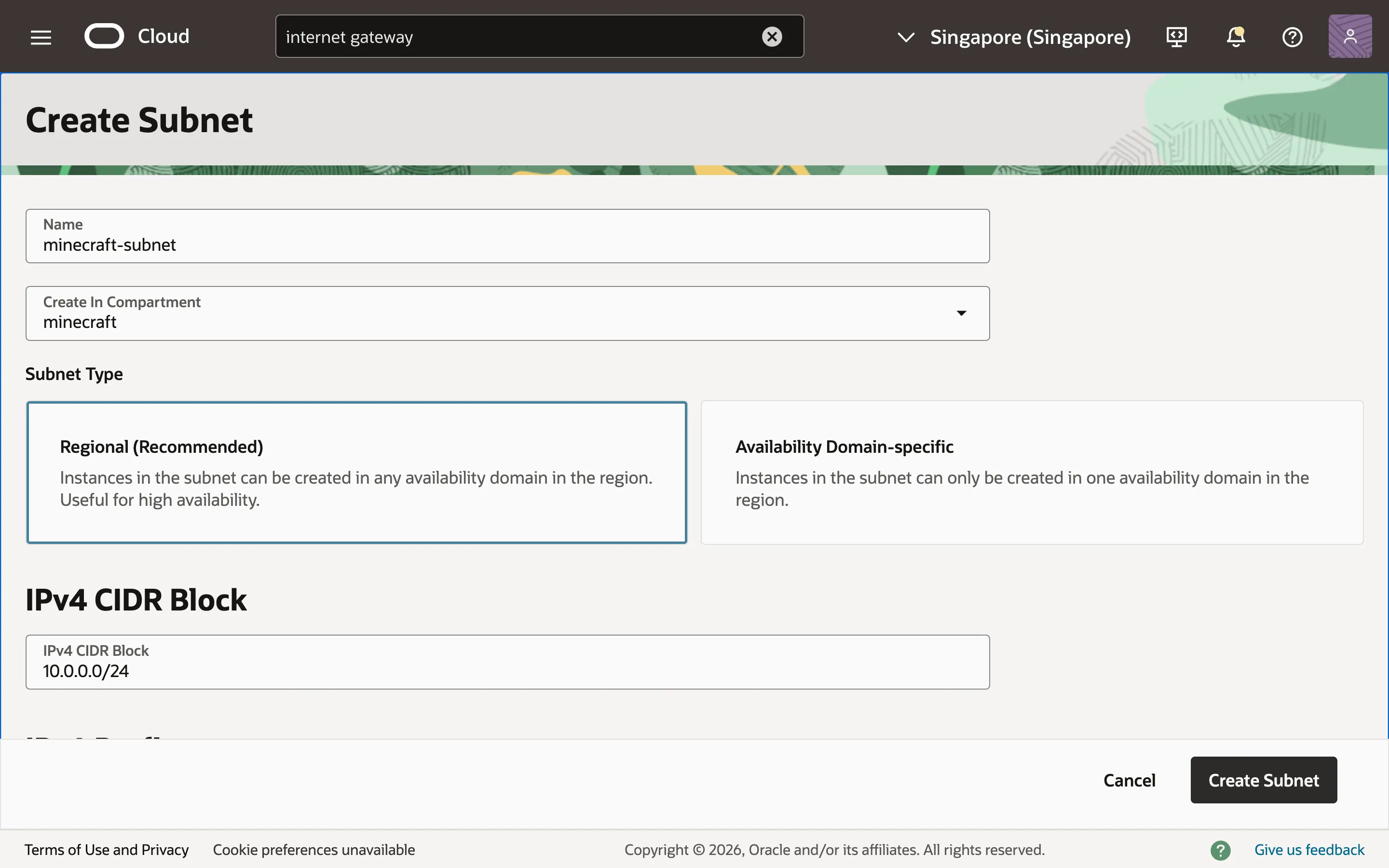 Creating a subnet for the VCN.