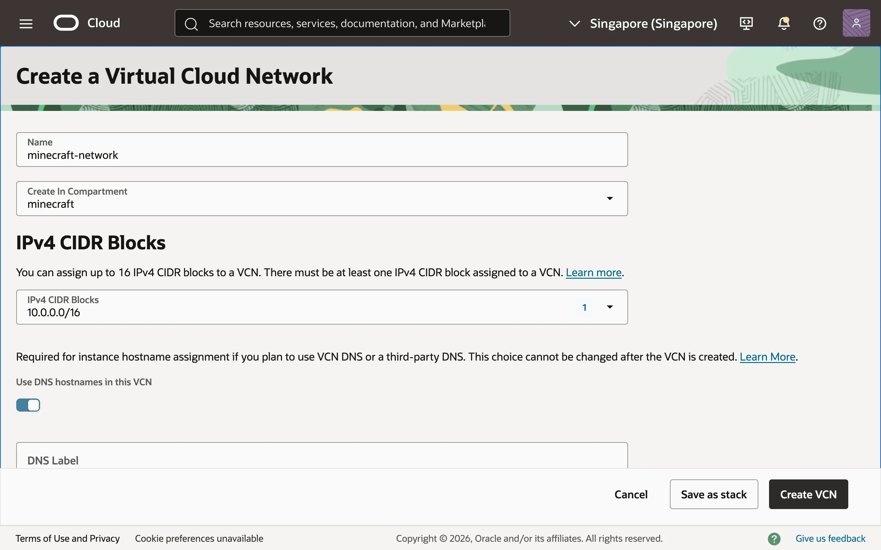 Creating a VCN.