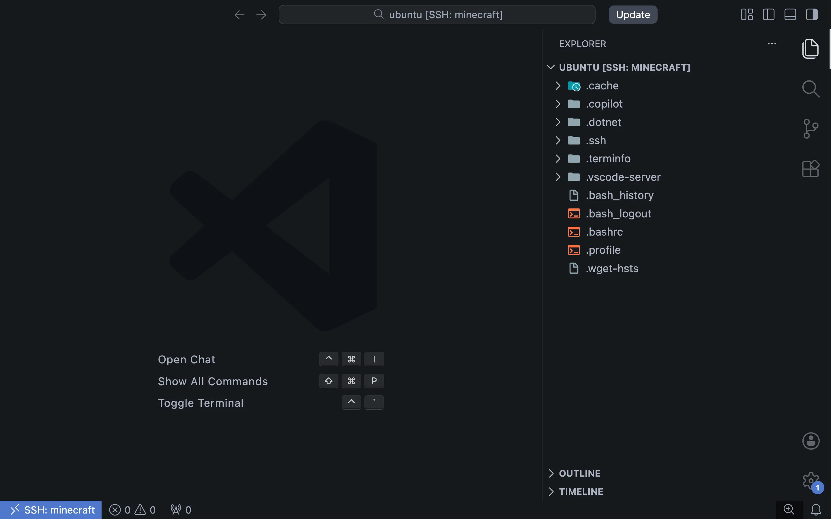 A VSCode window connected to the instance remotely via SSH.